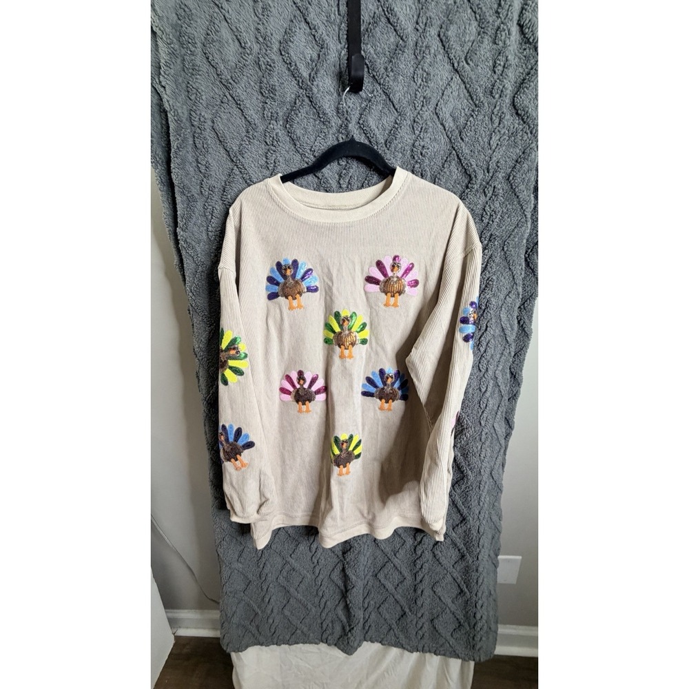 Thanksgiving Sequined Turkey Sweatshirt Tan Ribbed Pullover Womens Size L